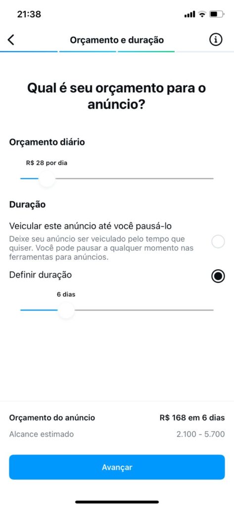 definindo orçamento para turbinar publicação no Instagram